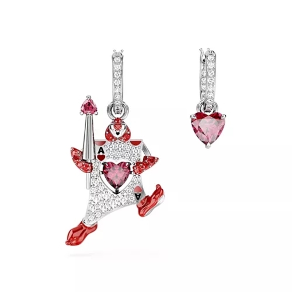 Swarovski Silver and Red Heart Drop Earrings Alice In Wonderland - Picture 1 of 9